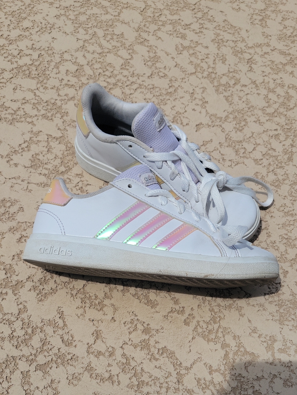 adidas Women's White Sneakers with Iridescent Pink Stripes